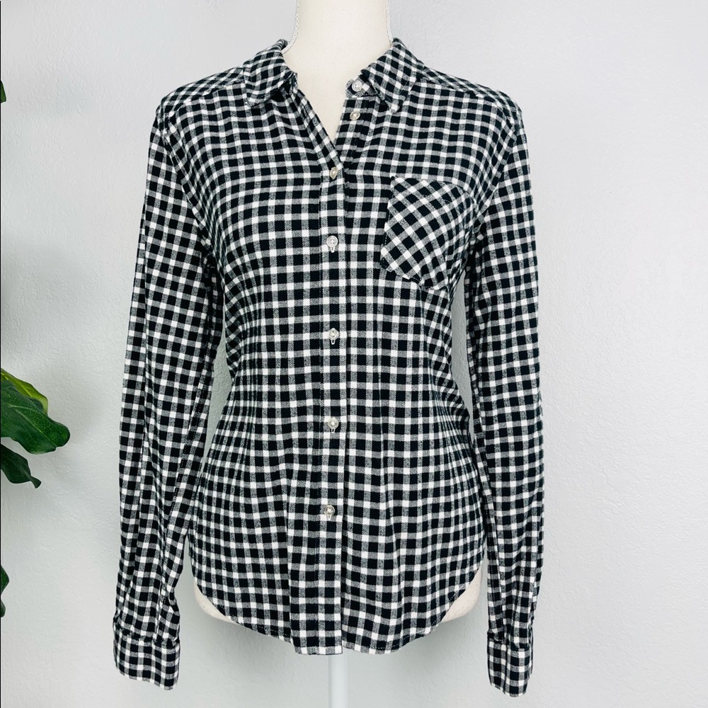 Paige Black & White Buffalo Checkered Plaid Long Sleeve Button Down sweater Tee